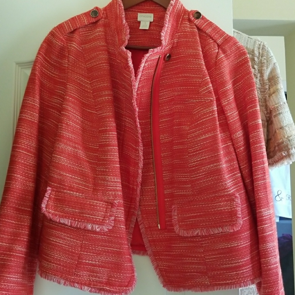 Chico's coral colored tweed jacket.